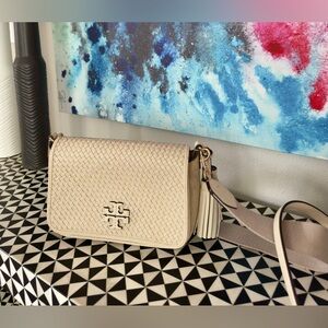 Tory Burch Thea Woven Cream Flap Crossbody